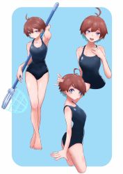 Rule 34 | 1girl, ahoge, blue eyes, blue one-piece swimsuit, breasts, brown hair, butterfly net, closed mouth, collarbone, commission, gman322, hand net, haruka (saru getchu), highres, looking at viewer, medium breasts, one-piece swimsuit, open mouth, saru getchu, school swimsuit, short hair, simple background, small breasts, smile, solo, swimsuit