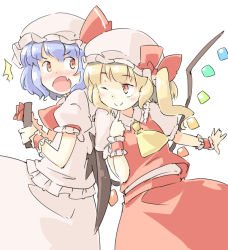 Rule 34 | 2girls, arnest, bat wings, blonde hair, blue hair, blush, commentary, cowboy shot, crystal, fang, flandre scarlet, gift, hat, holding, holding gift, long hair, looking at another, mob cap, multiple girls, one eye closed, open mouth, pink headwear, pink shirt, pink skirt, pointing, pointing at self, puffy short sleeves, puffy sleeves, red eyes, red neckwear, red skirt, red vest, remilia scarlet, shirt, short hair, short sleeves, siblings, side ponytail, simple background, sisters, skin fang, skirt, smile, touhou, vest, white background, wings, wrist cuffs, yellow neckwear