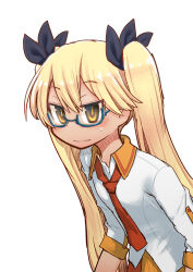 Rule 34 | 1girl, black headwear, blonde hair, blue-framed eyewear, bow, breasts, collar, collared shirt, glasses, hair bow, half-closed eyes, hatching (texture), highres, kamonari ahiru, lace-trimmed sleeves, lace trim, leaning forward, light blush, long hair, looking at viewer, loose necktie, multiple hair bows, necktie, orange collar, pleated skirt, red necktie, retoree (show by rock!!), semi-rimless eyewear, shirt, show by rock!!, simple background, skirt, sleeves past elbows, small breasts, solo, sweatdrop, twintails, very long hair, white background, white shirt