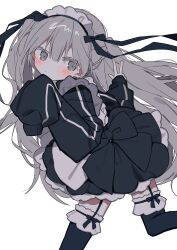 Rule 34 | 1girl, absurdres, ameno (motiizamurai), apron, black bow, black dress, black jacket, black ribbon, black thighhighs, blush, bow, closed mouth, dress, feet out of frame, frills, from side, garter straps, grey eyes, grey hair, hair ribbon, hands up, highres, jacket, jersey maid, long hair, long sleeves, looking at viewer, maid, maid apron, maid headdress, original, ribbon, simple background, sleeves past fingers, sleeves past wrists, solo, standing, standing on one leg, thighhighs, track jacket, two side up, unconventional maid, v, very long hair, white apron, white background, zettai ryouiki