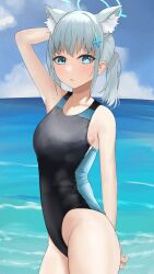 1girl animal_ear_fluff animal_ears blue_archive blue_eyes blue_halo blue_sky blush breasts bright_pupils cloud commentary competition_swimsuit cross_hair_ornament extra_ears grey_hair hair_ornament halo highres looking_at_viewer mismatched_pupils multicolored_swimsuit numaduke one-piece_swimsuit ponytail shadow shiroko_(blue_archive) shiroko_(swimsuit)_(blue_archive) sky solo swimsuit water white_pupils