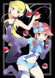 Rule 34 | 10s, 2girls, armpits, arms up, bad id, bad pixiv id, blonde hair, blue eyes, blush, breasts, cable, cleavage, creatures (company), elesa (pokemon), game freak, gloves, gym leader, hair bun, halterneck, headphones, holding, holding poke ball, midriff, multiple girls, nakayama miyuki, navel, nintendo, open clothes, open mouth, open shirt, pantyhose, pointing, poke ball, pokemon, pokemon bw, ponytail, red hair, shirt, short hair, side ponytail, single side bun, skyla (pokemon), smile, wire