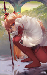 Rule 34 | 1girl, blue eyes, blush, bodysuit, brown hair, closed mouth, from side, gloves, hair between eyes, hair ornament, highres, holding, long hair, looking at viewer, looking to the side, neon genesis evangelion, outdoors, plugsuit, rabbit (tukenitian), rain, red bodysuit, red gloves, solo, souryuu asuka langley, squatting, wet, wet hair