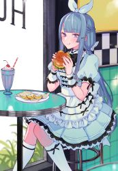 Rule 34 | 1girl, :q, absurdres, apron, black ribbon, blue dress, blue hair, blunt bangs, blush, bow, braid, burger, cherry, closed mouth, day, dress, drinking straw, eating, fast food, feet out of frame, fingernails, food, french braid, french fries, frilled apron, frills, fruit, hair bow, hair ornament, hairpin, hands up, highres, holding, holding food, indoors, kneehighs, lace, lace-trimmed dress, lace trim, leaf, lolita fashion, long hair, looking at viewer, nail polish, on stool, original, pink nails, plate, pleated dress, ponytail, puffy short sleeves, puffy sleeves, purple eyes, restaurant, ribbon, short sleeves, sidelocks, sitting, smile, smoothie, socks, solo, stool, swept bangs, table, tongue, tongue out, uni (melm), waist apron, white apron, white bow, white socks, wrist cuffs