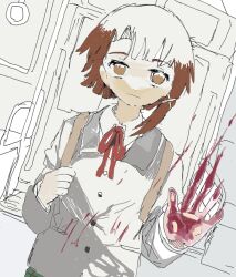 Rule 34 | 1girl, asymmetrical hair, bag, blazer, blood, blood on clothes, blood on hands, brown eyes, brown hair, checkered clothes, checkered skirt, closed mouth, collared shirt, expressionless, grey jacket, hair ornament, hairclip, highres, iwakura lain, jacket, long sleeves, looking at viewer, meimeiner, red ribbon, ribbon, school bag, school uniform, serial experiments lain, shirt, short hair, single sidelock, skirt, solo, train interior, upper body, white shirt, x hair ornament