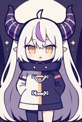 Rule 34 | 1girl, :o, ahoge, black jacket, black pantyhose, blush, brown eyes, commentary request, demon horns, grey hair, hair between eyes, hands in pockets, hololive, horns, jacket, la+ darknesss, long hair, looking at viewer, multicolored clothes, multicolored hair, multicolored jacket, pantyhose, parted lips, pointy ears, purple hair, ran (ran ran010), single leg pantyhose, solo, sparkle, streaked hair, two-tone jacket, very long hair, virtual youtuber, white jacket