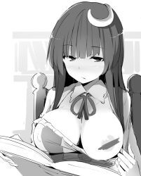 Rule 34 | 1girl, blush, book, bookshelf, breasts, censored, censored nipples, chair, clothes pull, crescent, crescent hair ornament, dress, dress pull, expressionless, greyscale, hair ornament, holding, holding book, kamukamu (ars), large breasts, long hair, monochrome, neck ribbon, no headwear, patchouli knowledge, ribbon, sidelocks, sitting, solo, striped clothes, striped dress, touhou, upper body, vertical-striped clothes, vertical-striped dress, wing collar
