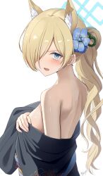 Rule 34 | 1girl, animal ear fluff, animal ears, bare shoulders, blonde hair, blue archive, blue eyes, blush, breasts, drill hair, flower, hair flower, hair ornament, hair over one eye, halo, highres, japanese clothes, kanna (blue archive), kimono, large breasts, long hair, long sleeves, looking at viewer, may9, sash, sharp teeth, signature, solo, teeth, wide sleeves