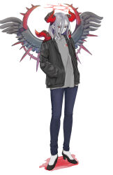 Rule 34 | 1girl, absurdres, alternate costume, black pants, commentary, condemned darklord, contemporary, demon horns, duel monster, fallen angel, feathered wings, full body, grey hair, grey shirt, grey wings, hair between eyes, halo, high heels, highres, horns, jacket, lemon (lmn9911), pants, pointy ears, pumps, red eyes, red halo, shirt, socks, solo, white socks, wings, yu-gi-oh!