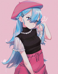 Rule 34 | 1girl, artist name, black sweater, blue hair, breasts, commentary, english commentary, hair behind ear, hair ornament, hairclip, hand in own hair, head tilt, highres, klaeia, looking down, original, pink eyes, pink skirt, pout, skirt, small breasts, solo, sweater, sweater tucked in, turtleneck