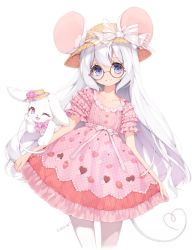 Rule 34 | 1boy, animal ears, blue eyes, bow, commission, cowboy shot, dress, ears through headwear, frilled dress, frills, glasses, hat, highres, long hair, looking at viewer, male focus, original, pastel colors, rabbit, runastark, smile, tail, transparent background, trap, unmoving pattern, upper body, white hair