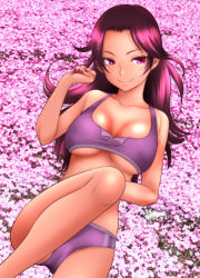 Rule 34 | 1girl, bare shoulders, breasts, bustier, buttons, cameltoe, cleavage, collarbone, highres, jpeg artifacts, knees up, large breasts, leg up, lying, momonosuke, nail polish, on back, original, purple eyes, purple hair, purple nails, purple theme, skindentation, smile, solo, sports bra, unbuttoned, underboob