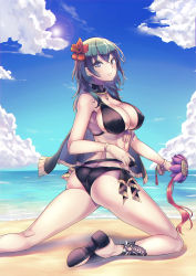 Rule 34 | 1girl, absurdres, ass, beach, bikini, black bikini, blue eyes, blue hair, blue sky, breasts, byleth (female) (fire emblem), byleth (female) (summer) (fire emblem), byleth (fire emblem), cleavage, closed mouth, cloud, day, fire emblem, fire emblem: three houses, fire emblem heroes, flower, from behind, hair flower, hair ornament, highres, holding, large breasts, looking back, nintendo, official alternate costume, outdoors, sky, solo, swimsuit, togin, water