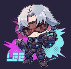 Rule 34 | 1boy, :3, beckoning, black bodysuit, bodysuit, character name, chibi, closed mouth, full body, goggles, grey hair, holding, kotorai, lee chaolan, male focus, no nose, purple background, short hair, signature, solo, standing, tekken, v-shaped eyebrows