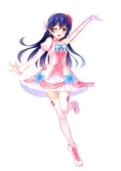 Rule 34 | 1girl, arm up, blue hair, blush, bokutachi wa hitotsu no hikari, choker, dress, earrings, elbow gloves, flower, full body, gloves, grandia bing, hair between eyes, hair flower, hair ornament, jewelry, leg up, long hair, looking at viewer, love live!, love live! school idol project, m/, one eye closed, open mouth, simple background, single elbow glove, smile, solo, sonoda umi, thighhighs, third-party source, white background, white thighhighs, yellow eyes