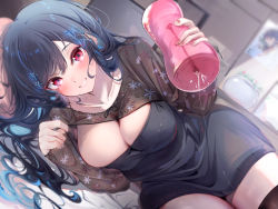 Rule 34 | 1girl, artificial vagina, bad id, bad pixiv id, blue hair, blush, breasts, cleavage, clothes lift, collarbone, dark blue hair, dress, hair between eyes, hair ornament, highres, komupi, large breasts, long hair, looking at viewer, lube, lying, multicolored hair, nail polish, on bed, on side, original, red eyes, ribbon, sex toy, snowflake hair ornament, solo, sweater, sweater lift, teeth, thighhighs, thighs, x hair ornament