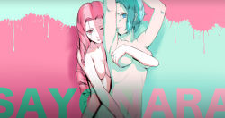 Rule 34 | 2girls, absurdres, aqua background, aqua hair, arms up, blue eyes, breasts, cleavage, closed mouth, commentary request, covering another&#039;s breasts, deep skin, dirty, dirty face, glaring, highres, hug, hug from behind, implied fingering, jiankun yu, large breasts, long hair, looking at viewer, multiple girls, navel, nude, one eye covered, original, pink background, pink hair, red eyes, ribs, ringlets, scowl, short hair, sweat, two-tone background, upper body, yuri