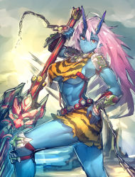 Rule 34 | 1girl, animal print, armor, blue skin, breasts, chain, colored skin, gauntlets, highres, horns, large breasts, long hair, melon22, midriff, monster girl, oni, oni horns, original, pink hair, polearm, red eyes, solo, tiger print, underboob, very long hair, weapon