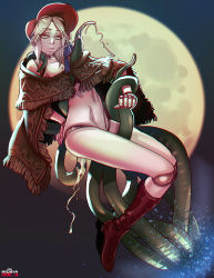 Rule 34 | 1girl, after fellatio, andava, between breasts, bloodborne, bonnet, boots, breasts, chromatic aberration, cloak, consensual tentacles, cum, cum in mouth, doll joints, full body, full moon, green eyes, joints, knee boots, lifting person, lips, moon, naked cloak, navel, nipples, plain doll, silver hair, small breasts, solo focus, tentacle sex, tentacles