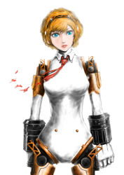 Rule 34 | 1girl, aegis (persona), android, bad id, bad pixiv id, blonde hair, blue eyes, breasts, eyeshadow, hairband, highres, joints, lips, makeup, necktie, no nipples, nose, persona, persona 3, robot ears, robot joints, short hair, solo, torn clothes, yuu (primenumber7)