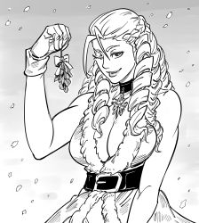 Rule 34 | 1girl, antenna hair, bad id, bare shoulders, bb (baalbuddy), belt, braid, breasts, capcom, choker, cleavage, drill hair, french braid, fur trim, gloves, gradient background, greyscale, hand up, highres, holding, holding mistletoe, inactive account, kanzuki karin, large breasts, lipstick, looking at viewer, makeup, mistletoe, monochrome, one eye closed, santa costume, seductive smile, smile, snow, solo, street fighter, street fighter zero (series), upper body