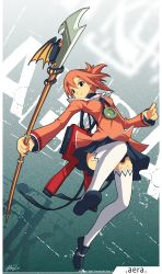 Rule 34 | &gt;:), air colthearts, black eyes, character name, copyright name, highres, holding, looking at viewer, mystic-san, pleated skirt, polearm, ponytail, red hair, shoes, skirt, smile, solo, spear, summon night, summon night swordcraft story 2, thighhighs, v-shaped eyebrows, weapon, white thighhighs, zettai ryouiki