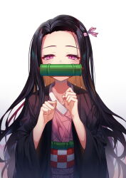 Rule 34 | 1girl, bamboo, black hair, blush, brown hair, checkered sash, collarbone, commentary request, fingernails, forehead, gradient background, grey background, hair ribbon, half-closed eyes, hands up, highres, japanese clothes, kamado nezuko, kimetsu no yaiba, kimono, long hair, long sleeves, looking at viewer, mouth hold, multicolored hair, obi, open clothes, parted bangs, pink eyes, pink kimono, pink ribbon, ribbon, sash, solo, sugar (dndi888), two-tone hair, upper body, very long hair, white background, wide sleeves
