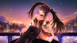 Rule 34 | 1girl, 278004410, absurdres, black hair, black thighhighs, breasts, building, city, city lights, cityscape, clock eyes, closed mouth, cloud, cloudy sky, commentary request, crossed legs, date a live, garter straps, hairband, head tilt, heterochromia, highres, huge filesize, lolita hairband, long hair, looking at viewer, medium breasts, red eyes, sky, skyscraper, smile, solo, star (sky), starry sky, symbol-shaped pupils, thighhighs, tokisaki kurumi, twintails, uneven twintails, yellow eyes