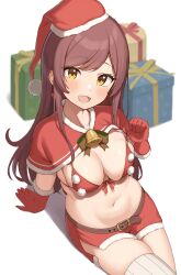 Rule 34 | 1girl, absurdres, arm support, bell, bikini, blush, breasts, capelet, christmas, dot nose, from above, fur-trimmed capelet, fur-trimmed gloves, fur-trimmed headwear, fur trim, gloves, hat, highres, idolmaster, idolmaster shiny colors, long hair, looking at viewer, looking up, medium breasts, miniskirt, navel, open mouth, osaki amana, red bikini, red capelet, red gloves, red hair, red hat, santa bikini, santa costume, santa gloves, santa hat, sitting, skindentation, skirt, smile, solo, striped clothes, striped thighhighs, swept bangs, swimsuit, thighhighs, vertical-striped clothes, vertical-striped thighhighs, wanimaru, white thighhighs, yellow eyes