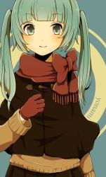 Rule 34 | 1girl, artist name, bad id, bad pixiv id, bow, chizuru (ambient), gloves, green eyes, green hair, hatsune miku, matching hair/eyes, red gloves, red scarf, scarf, solo, twintails, vocaloid