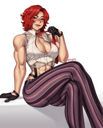 Rule 34 | 1girl, abs, blush, breasts, cleavage, gloves, highres, large breasts, mootium, muscular, muscular female, necktie, open clothes, open shirt, pants, red eyes, red hair, short hair, snk, striped clothes, striped pants, the king of fighters, thick thighs, thighs, vanessa (kof), vertical-striped clothes, vertical-striped pants, white background