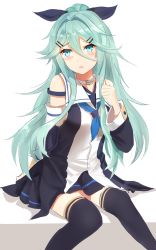 Rule 34 | 10s, 1girl, absurdres, annnna, black thighhighs, choker, detached sleeves, green eyes, green hair, hair ornament, hair ribbon, hairclip, highres, kantai collection, long hair, looking at viewer, parted lips, pleated skirt, ribbon, school uniform, serafuku, simple background, sitting, skirt, solo, thighhighs, white background, yamakaze (kancolle), zettai ryouiki