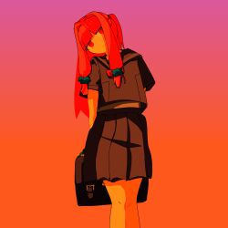 Rule 34 | 1girl, alternate costume, arms behind back, bag, black serafuku, blunt bangs, closed mouth, commentary request, expressionless, feet out of frame, gradient background, hair intakes, hair ornament, hair scrunchie, half-closed eyes, head tilt, highres, holding, holding bag, kotonoha akane, kure (mainititanosii6), light smile, long hair, looking at viewer, midriff, no pupils, one side up, orange background, pink background, pleated skirt, red eyes, red hair, school bag, school uniform, scrunchie, serafuku, short sleeves, sidelocks, skirt, solo, standing, summer uniform, voiceroid