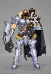 Rule 34 | 1boy, 1girl, absurdres, armor, black cape, black hair, blonde hair, breastplate, cape, claws, colored sclera, colored skin, couple, fur trim, gauntlets, greaves, grey background, hair between eyes, highres, holding, holding person, knight, crossed legs, living armor, longan huynh, muscular, original, parted lips, pauldrons, pink lips, purple skin, red eyes, red sclera, runes, sharp teeth, short hair, shoulder armor, sitting, size difference, spikes, standing, teeth, vambraces, veins, warrior, white armor, yellow eyes