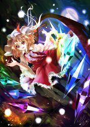 Rule 34 | 1girl, bad id, bad pixiv id, black pantyhose, blonde hair, dutch angle, fangs, flandre scarlet, frilled skirt, frilled sleeves, frills, full moon, futatsuki tsubaki, hand up, hat, hat ribbon, light particles, loafers, long sleeves, looking at viewer, mob cap, moon, night, open mouth, outdoors, pantyhose, red eyes, ribbon, scarlet devil mansion, shoes, short hair, side ponytail, skirt, skirt set, solo, touhou, wings