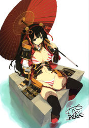 Rule 34 | 1girl, absurdres, arm support, armor, bikini, black gloves, black hair, black thighhighs, breasts, brown eyes, cleavage, fingerless gloves, front-tie top, gloves, hair ornament, highres, japanese armor, large breasts, leaning back, long hair, mouth hold, navel, oil-paper umbrella, original, scan, shoulder armor, signature, sitting, soaking feet, sode, solo, striped bikini, striped clothes, swimsuit, thighhighs, two side up, umbrella, water, yaegashi nan
