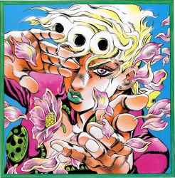 Rule 34 | 1boy, araki hirohiko, blonde hair, brooch, cropped, ear piercing, flower, giorno giovanna, hand up, highres, jacket, jewelry, jojo no kimyou na bouken, non-web source, official art, parted lips, petals, piercing, pink eyes, pink jacket, vento aureo