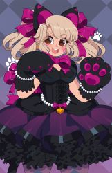 Rule 34 | 1girl, alternate costume, animal ears, black cat d.va, black dress, black gloves, blonde hair, bow, breasts, brown eyes, cowboy shot, d.va (overwatch), dress, eyes visible through hair, frilled dress, frills, gloves, hair bow, highres, long hair, looking at viewer, open mouth, overwatch, overwatch 1, purple bow, queen ashi, smile, solo, twintails