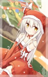 Rule 34 | 1girl, bare shoulders, blurry, christmas ornaments, christmas tree, commentary request, depth of field, dress, elbow gloves, gloves, hat, hat with ears, long hair, looking at viewer, original, red dress, red gloves, red thighhighs, santa costume, santa hat, silver hair, smile, solo, thighhighs, v arms, very long hair, yellow eyes, yuuhagi (amaretto-no-natsu), zettai ryouiki