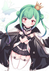 Rule 34 | 1girl, asymmetrical hair, black choker, black coat, black dress, blush, choker, closed mouth, coat, coat on shoulders, crown, double bun, dress, flat chest, frilled dress, frilled straps, frilled thighhighs, frills, from above, fumi (fumibeing), garter straps, gradient hair, green hair, hair bun, highres, hololive, kneeling, lace, lace choker, looking at viewer, mini crown, multicolored hair, off-shoulder dress, off shoulder, popped collar, red eyes, short dress, short sleeves, sidelocks, smile, solo, thighhighs, tilted headwear, twintails, uneven twintails, uruha rushia, uruha rushia (3rd costume), virtual youtuber, white garter straps, white thighhighs, wristband