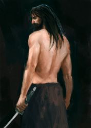 Rule 34 | 1boy, back, beard, black background, black hair, facial hair, from behind, highres, long hair, looking to the side, magda kacalak, male focus, samurai jack, samurai jack (character), topless male, solo, sword, weapon