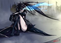 Rule 34 | 10s, 1girl, 2012, absurdres, backlighting, black footwear, black gloves, black hair, black rock shooter, black rock shooter (character), black shorts, blue eyes, boots, dated, deathklovc, flaming eyes, gloves, highres, long hair, short shorts, shorts, signature, sitting, solo, thighs