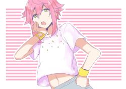 Rule 34 | 10s, 1boy, armband, ensemble stars!, green eyes, hand on own hip, hand on own cheek, hand on own face, hatsu (racoo), himemiya tori, looking at viewer, male focus, navel, open mouth, pink hair, solo, striped, striped background