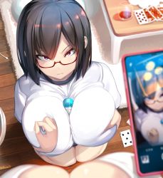 Rule 34 | 2girls, between breasts, black hair, blouse, breasts, buruma, card, cellphone, cleavage, commentary, commentary request, cup, drinking glass, glasses, grabbing own breast, gym uniform, highres, huge breasts, large breasts, looking at viewer, multiple girls, original, paizuri, phone, playing card, purple eyes, red-framed eyewear, shiki (psychedelic g2), shirt, short hair, smartphone, twitter username, white shirt, wooden floor