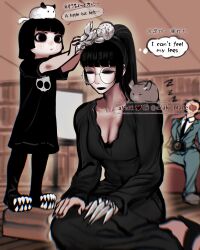 Rule 34 | 3girls, abysse (ayaki blade), animal, animal on head, animal on shoulder, aqua suit, artist name, ayaki blade, bilingual, black dress, black eyes, black eyeshadow, black hair, black nails, black necktie, blunt bangs, bob cut, book, book stack, breasts, camera, child, chinchilla (animal), claws, cleavage, closed eyes, commentary, dress, dslr, english commentary, english text, eyeshadow, formal, glasses, goth fashion, highres, large breasts, makeup, mixed-language commentary, mixed-language text, multiple girls, necktie, on head, origami, original, ponytail, round eyewear, siblings, sisters, sitting, sleeping, suit, sylense (ayaki blade), thought bubble, tomoka (ayaki blade), twitter username, v-shaped eyebrows, wariza, watermark, zzz