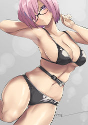 Rule 34 | 1girl, absurdres, armpits, arms up, artist name, bare arms, bare shoulders, belt, bikini, black-framed eyewear, black bikini, blush, breasts, cleavage, closed mouth, collarbone, dutch angle, fate/grand order, fate (series), glasses, gluteal fold, grey background, head tilt, highres, large breasts, leg up, looking at viewer, mash kyrielight, navel, pink hair, purple eyes, solo, standing, standing on one leg, stomach, swimsuit, thighs, tyone