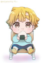 Rule 34 | 1boy, :i, agatsuma zenitsu, aged down, blonde hair, blue shirt, blue shorts, brown eyes, chair, cheek bulge, chibi, child, chiy (mochi punin), closed mouth, eating, food, food bite, food on face, forked eyebrows, full body, highres, holding, holding food, kimetsu no yaiba, kindergarten uniform, long sleeves, looking at viewer, male focus, onigiri, rice, rice on face, shirt, shoe soles, shoes, short hair, shorts, simple background, sitting, straight-on, twitter username, white background