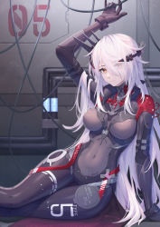 Rule 34 | 1girl, absurdres, arm up, black bodysuit, bodysuit, breasts, breasts apart, brown eyes, closed mouth, covered navel, eyes visible through hair, hair over one eye, headgear, highres, indoors, kirby d a, long hair, medium breasts, silver hair, sitting, solo, thigh gap, thighs, tower of fantasy, very long hair