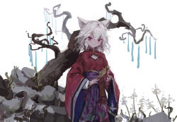 Rule 34 | 1girl, abstract, animal ears, bare tree, cleavage cutout, closed mouth, clothing cutout, cropped legs, flower, highres, holding, holding mirror, light blush, long sleeves, looking at viewer, mirror, original, purple eyes, red shirt, reddizen, shirt, sketch, traditional clothes, tree, white background, white hair, wide sleeves