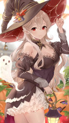 Rule 34 | 1girl, alternate costume, black dress, black hat, breasts, cleavage, closed mouth, commentary request, corrin (female) (fire emblem), corrin (fire emblem), detached sleeves, dress, fire emblem, fire emblem fates, frilled dress, frills, ghost, grey hair, hair between eyes, halloween, halloween costume, hand on headwear, haru (nakajou-28), hat, highres, holding, jack-o&#039;-lantern, long hair, looking at viewer, medium breasts, nintendo, pointy ears, pumpkin, red eyes, smile, solo, wavy hair, witch hat